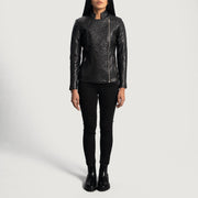 
Close-Up Detail of Band & Zipper Hardware on Orient Grain Quilted Black Leather Biker Jacket