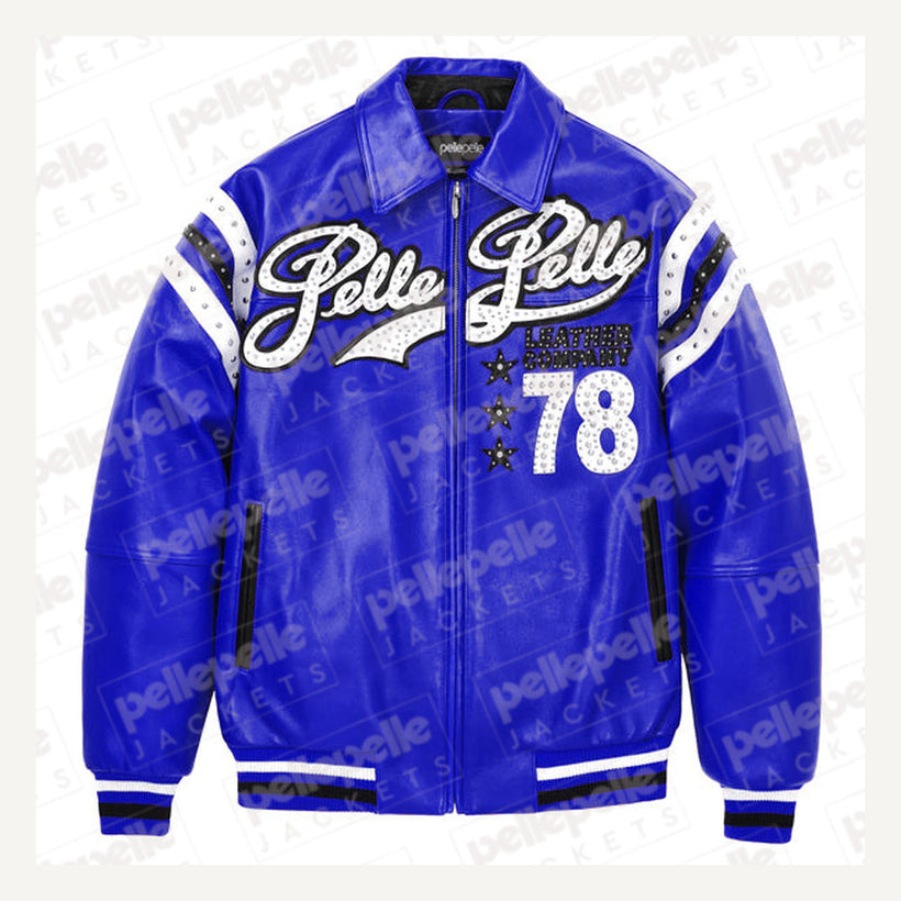 Encrusted Varsity Leather Jacket (Navy)