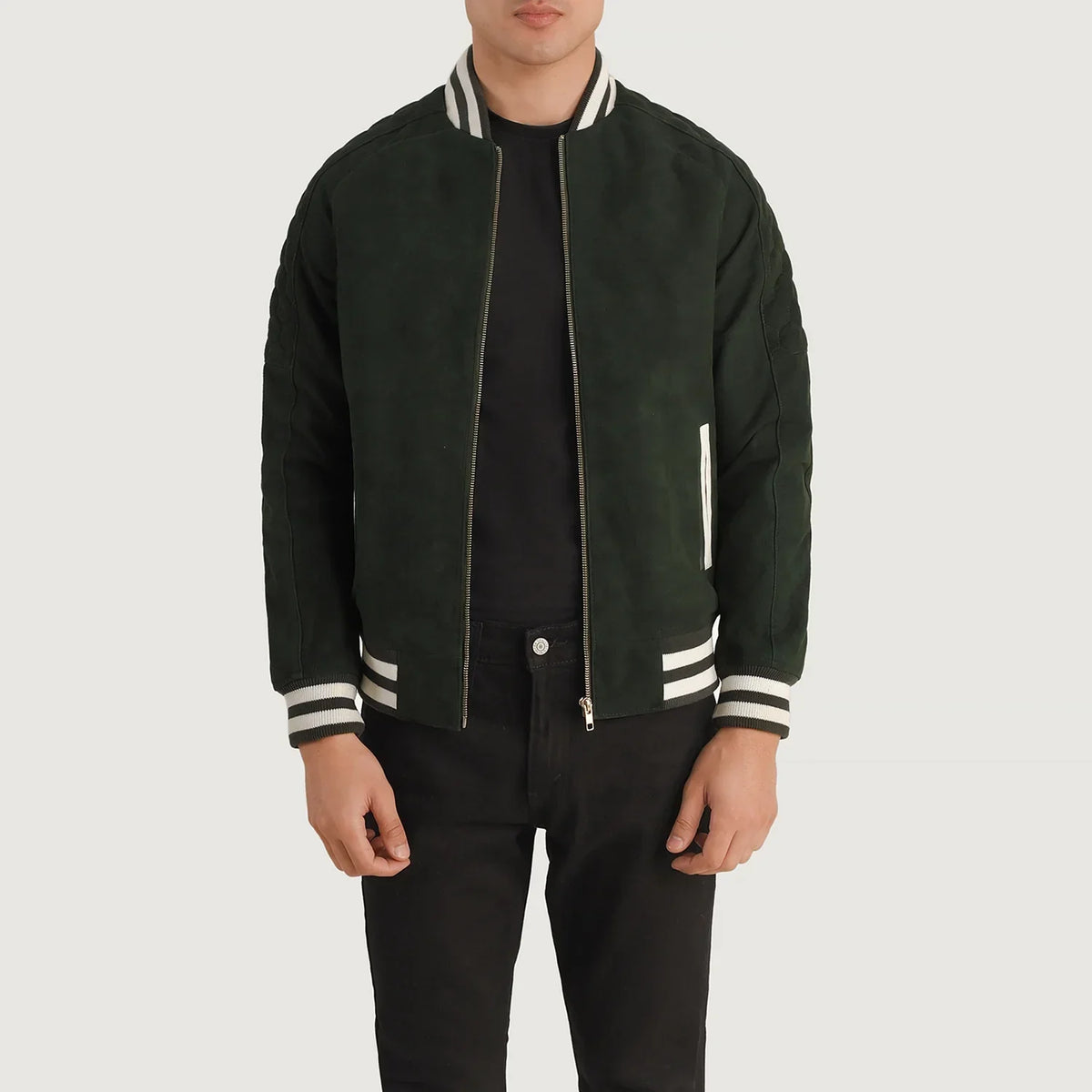 Pascal Green Suede Varsity Skinnjakke for Herre in Green Goatskin Suede - Front Profile View &amp; Tailored Silhouette | Buy Online