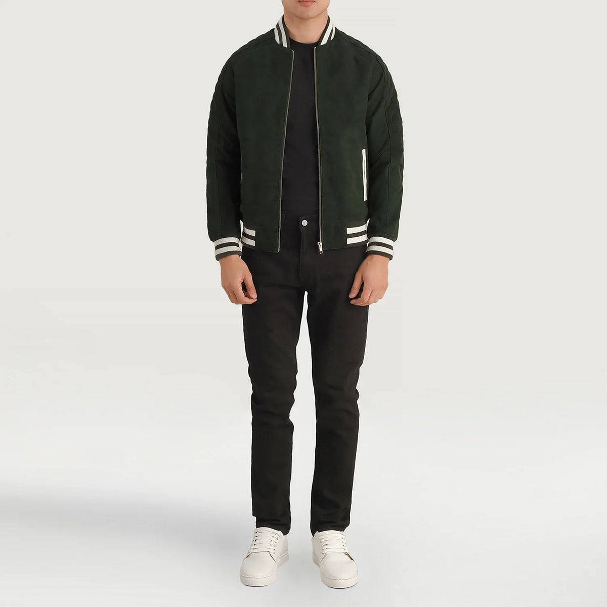 Pascal Green Suede Varsity Skinnjakke for Herre - Lateral Side Profile View Showing Sleeve Cut &amp; Athletic Taper Fit