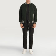 Pascal Green Suede Varsity Skinnjakke for Herre - Lateral Side Profile View Showing Sleeve Cut &amp; Athletic Taper Fit