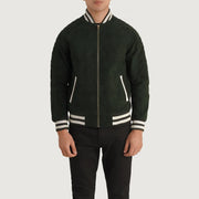 Close-Up Detail of Varsity collar &amp; Zipper Hardware on Pascal Green Suede Varsity Skinnjakke for Herre