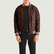 Pascal Maroon Leather Varsity Skinnjakke for Herre in Maroon Sheepskin Leather - Front Profile View &amp; Tailored Silhouette | Buy Online