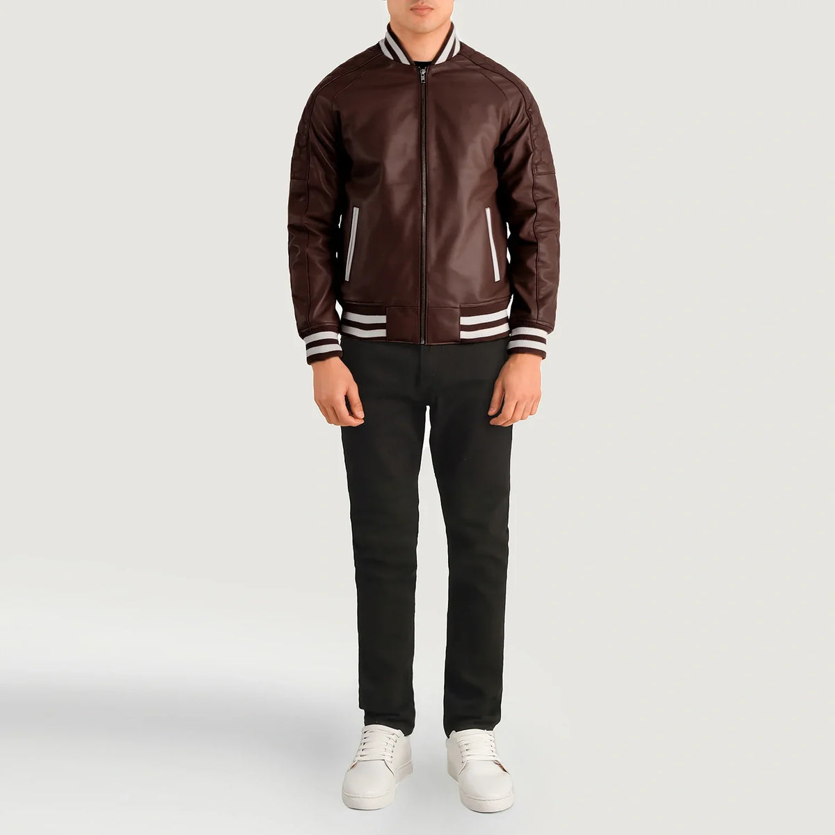 Pascal Maroon Leather Varsity Skinnjakke for Herre - Lateral Side Profile View Showing Sleeve Cut &amp; Athletic Taper Fit