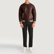 Pascal Maroon Leather Varsity Skinnjakke for Herre - Lateral Side Profile View Showing Sleeve Cut &amp; Athletic Taper Fit