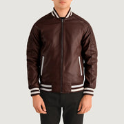 Close-Up Detail of Varsity collar &amp; Zipper Hardware on Pascal Maroon Leather Varsity Skinnjakke for Herre