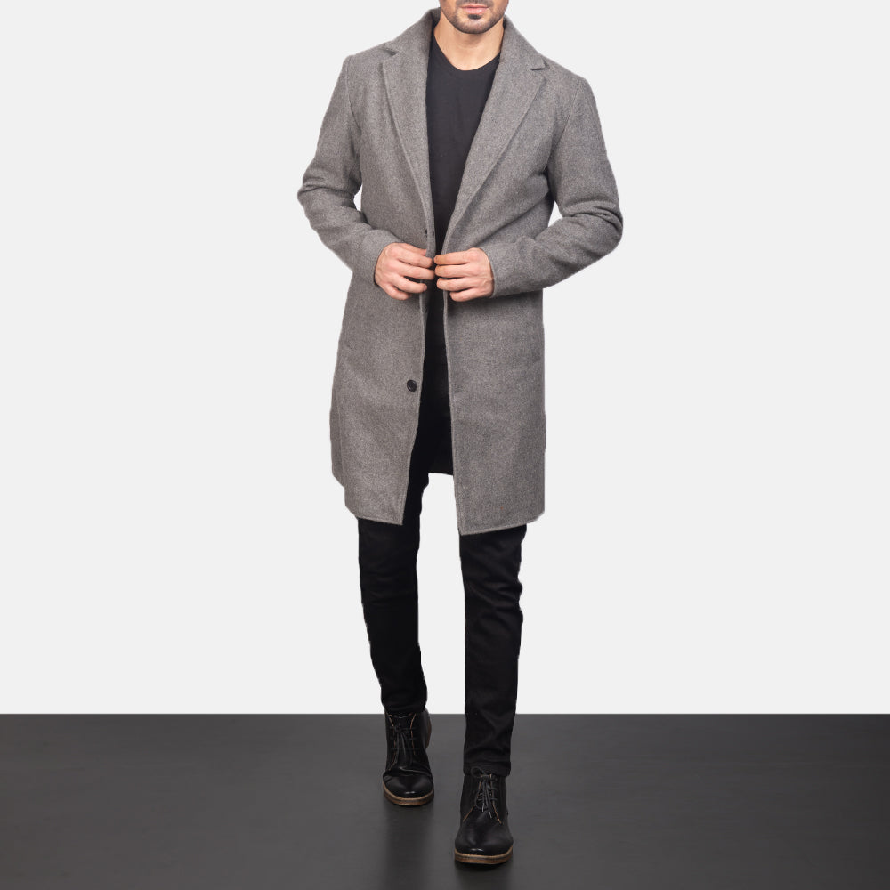 
Petrillo Grey Wool Single Breasted Coat in Grey Synthetic Wool - Front Profile View & Tailored Silhouette | Buy Online