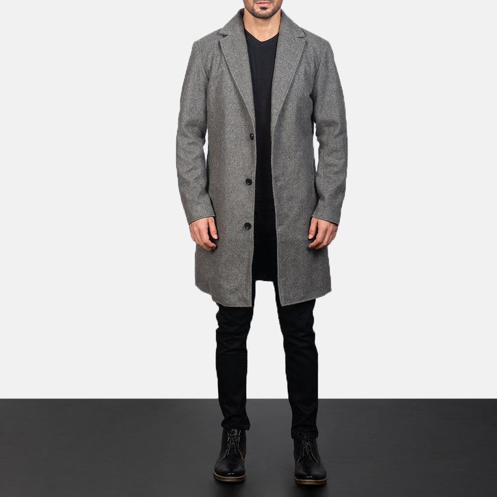 
Close-Up Detail of Notch & Button Hardware on Petrillo Grey Wool Single Breasted Coat