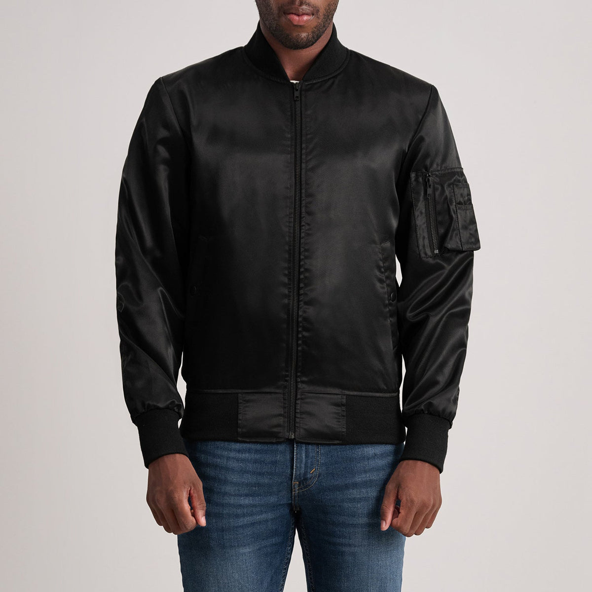 
Quinton MA-1 Black Bomber Jacket in Black Satin - Front Profile View & Tailored Silhouette | Buy Online