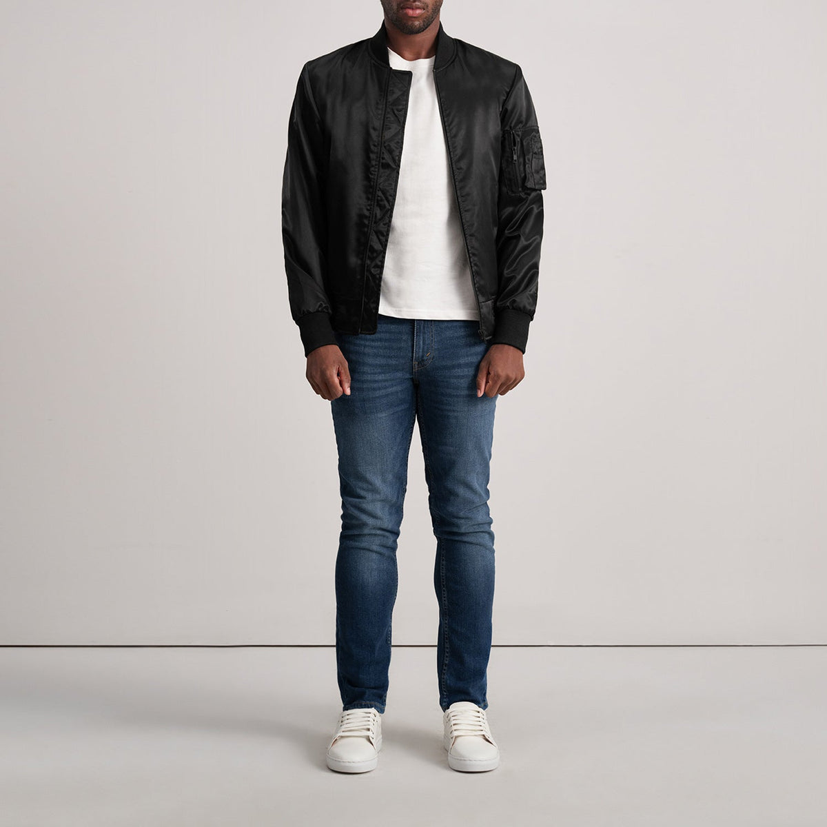 
Close-Up Detail of Varsity & Zipper Hardware on Quinton MA-1 Black Bomber Jacket
