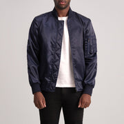 Quinton MA-1 Blue Bomberjakke i Skinn for Herre - Lateral Side Profile View Showing Sleeve Cut &amp; Athletic Taper Fit