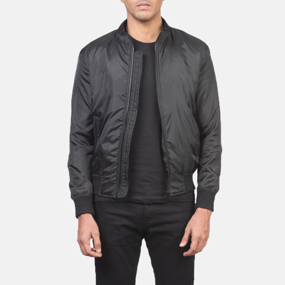 Men's Ramon Svart Bomberjakke i Skinn for Herre in Black Nylon - Front Profile View &amp; Tailored Silhouette | Buy Online