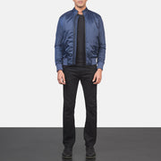 
Ramon Blue Bomber Jacket - Lateral Side Profile View Showing Sleeve Cut & Athletic Taper Fit