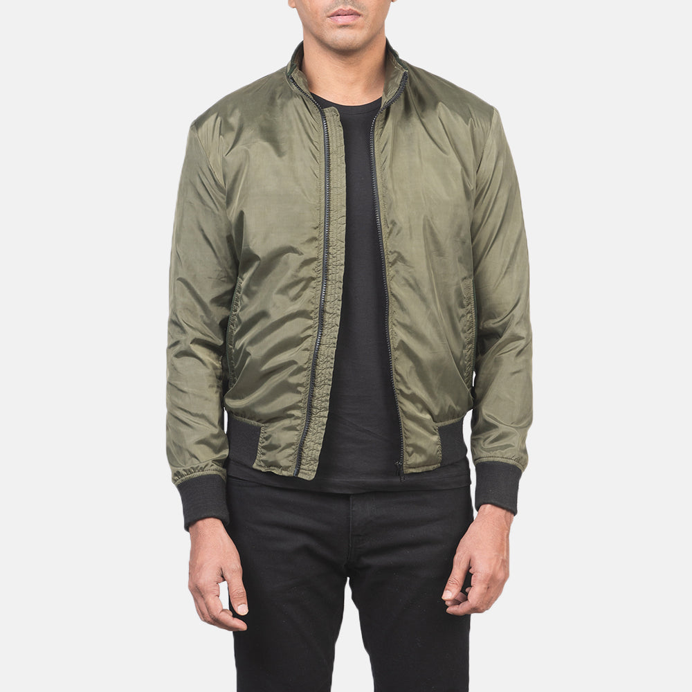 Men's Ramon Green Bomberjakke i Skinn for Herre in Green Nylon - Front Profile View &amp; Tailored Silhouette | Buy Online