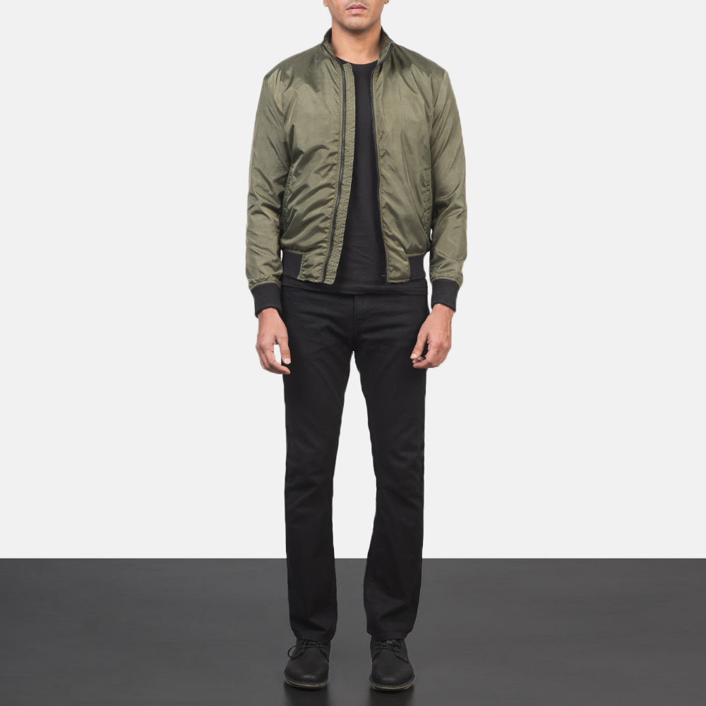 Men's Ramon Green Bomberjakke i Skinn for Herre - Lateral Side Profile View Showing Sleeve Cut &amp; Athletic Taper Fit