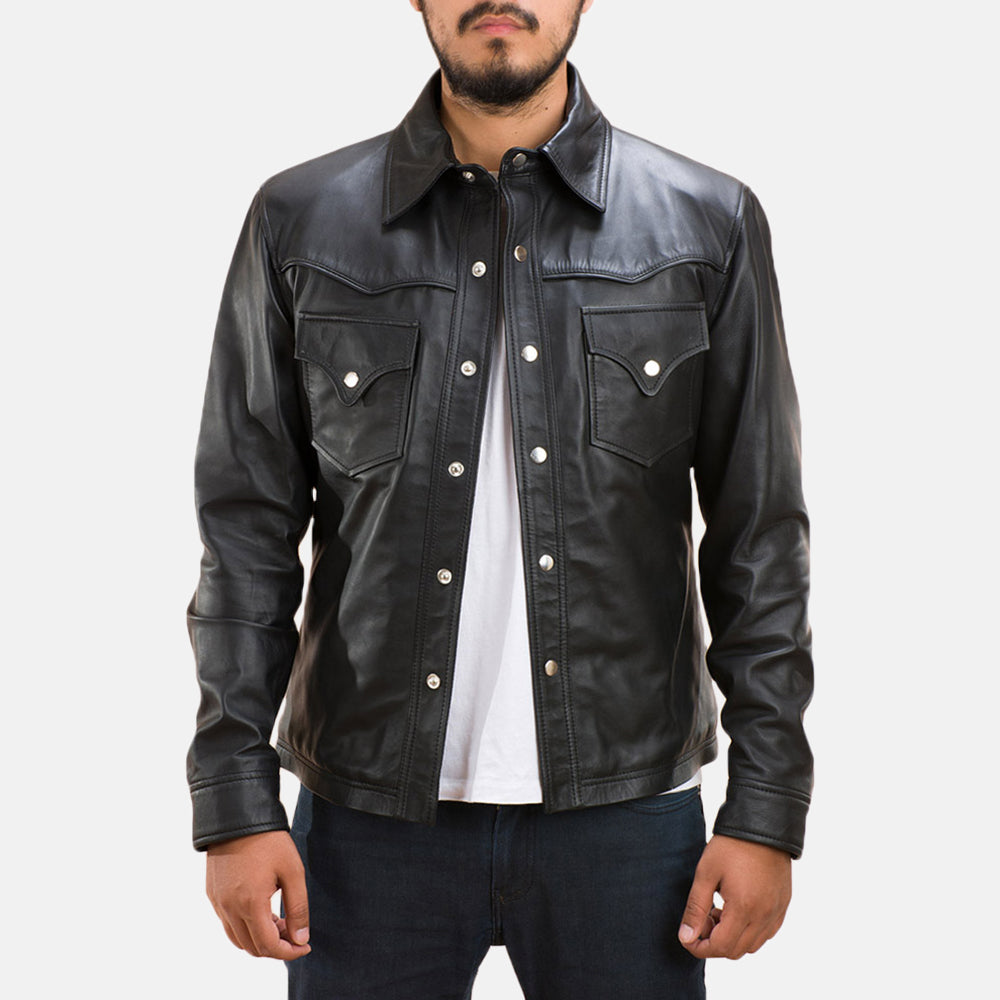 Men's Ranchson Svart Leather Shirt for Herre in Black Sheepskin Leather - Front Profile View &amp; Tailored Silhouette | Buy Online