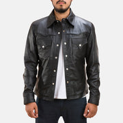 Men's Ranchson Svart Leather Shirt for Herre in Black Sheepskin Leather - Front Profile View &amp; Tailored Silhouette | Buy Online
