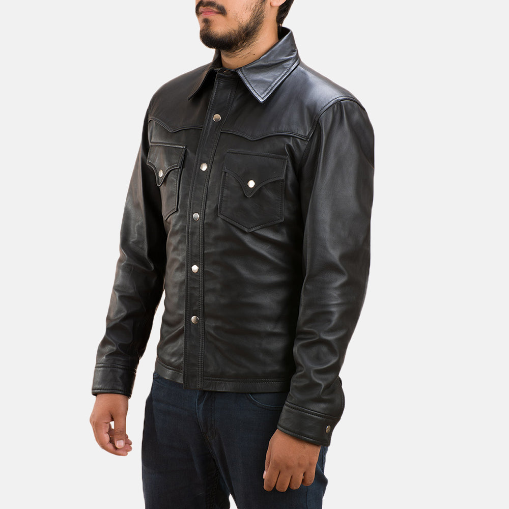 Men's Ranchson Svart Leather Shirt for Herre - Lateral Side Profile View Showing Sleeve Cut &amp; Athletic Taper Fit