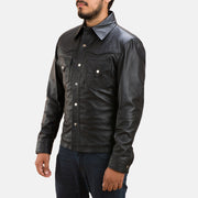 Men's Ranchson Svart Leather Shirt for Herre - Lateral Side Profile View Showing Sleeve Cut &amp; Athletic Taper Fit
