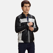 Randolf Silver Svart Bikerjakke i Skinn for Herre in Black &amp; silver Sheepskin Leather - Front Profile View &amp; Tailored Silhouette | Buy Online