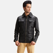 Raven Svart Skinnjakke for Herre in Black Sheepskin Leather - Front Profile View &amp; Tailored Silhouette | Buy Online