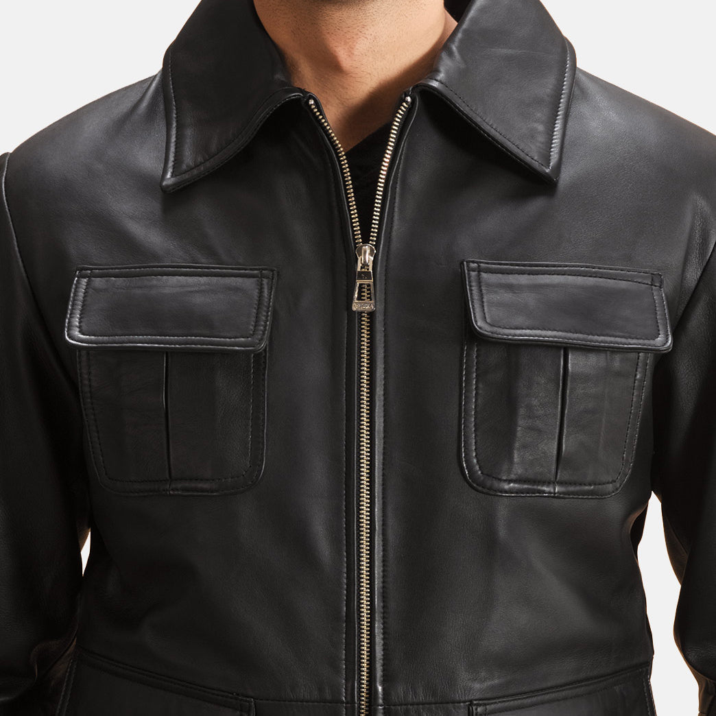 Raven Svart Skinnjakke for Herre - Lateral Side Profile View Showing Sleeve Cut &amp; Athletic Taper Fit