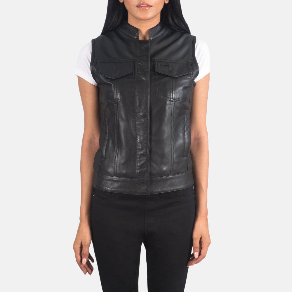 
Rayne Moto Black Leather Vest in Black Sheepskin Leather - Front Profile View & Tailored Silhouette | Buy Online