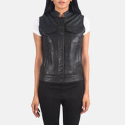 
Rayne Moto Black Leather Vest in Black Sheepskin Leather - Front Profile View & Tailored Silhouette | Buy Online