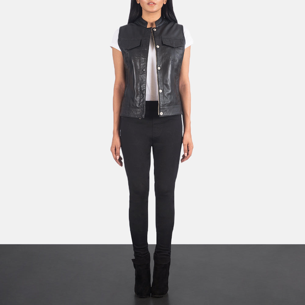 
Rayne Moto Black Leather Vest - Lateral Side Profile View Showing Sleeve Cut & Athletic Taper Fit