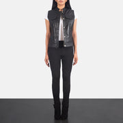 
Rayne Moto Black Leather Vest - Lateral Side Profile View Showing Sleeve Cut & Athletic Taper Fit