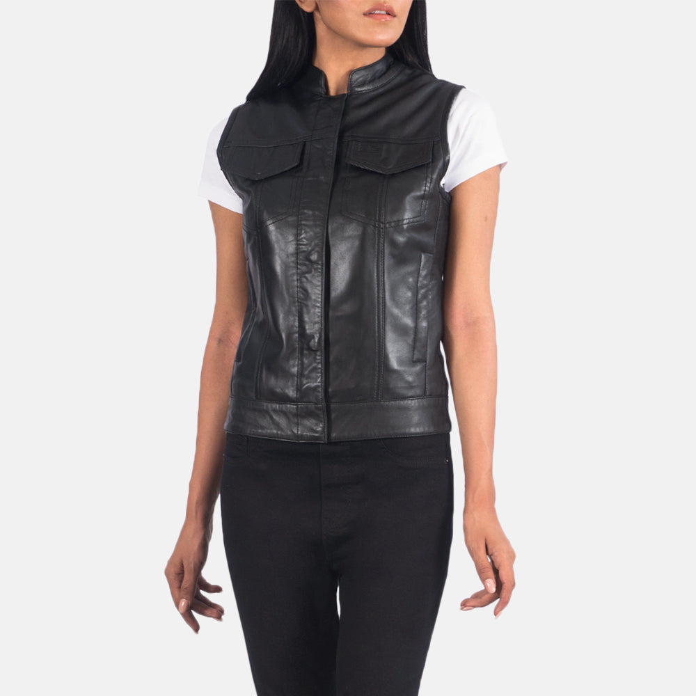 
Close-Up Detail of Band & Zipper Hardware on Rayne Moto Black Leather Vest