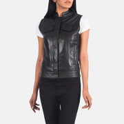 
Close-Up Detail of Band & Zipper Hardware on Rayne Moto Black Leather Vest