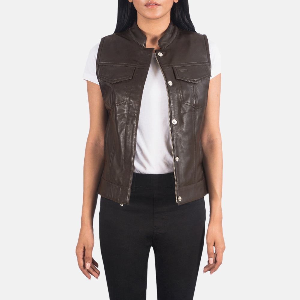 
Rayne Moto Brown Leather Vest in Brown Sheepskin Leather - Front Profile View & Tailored Silhouette | Buy Online