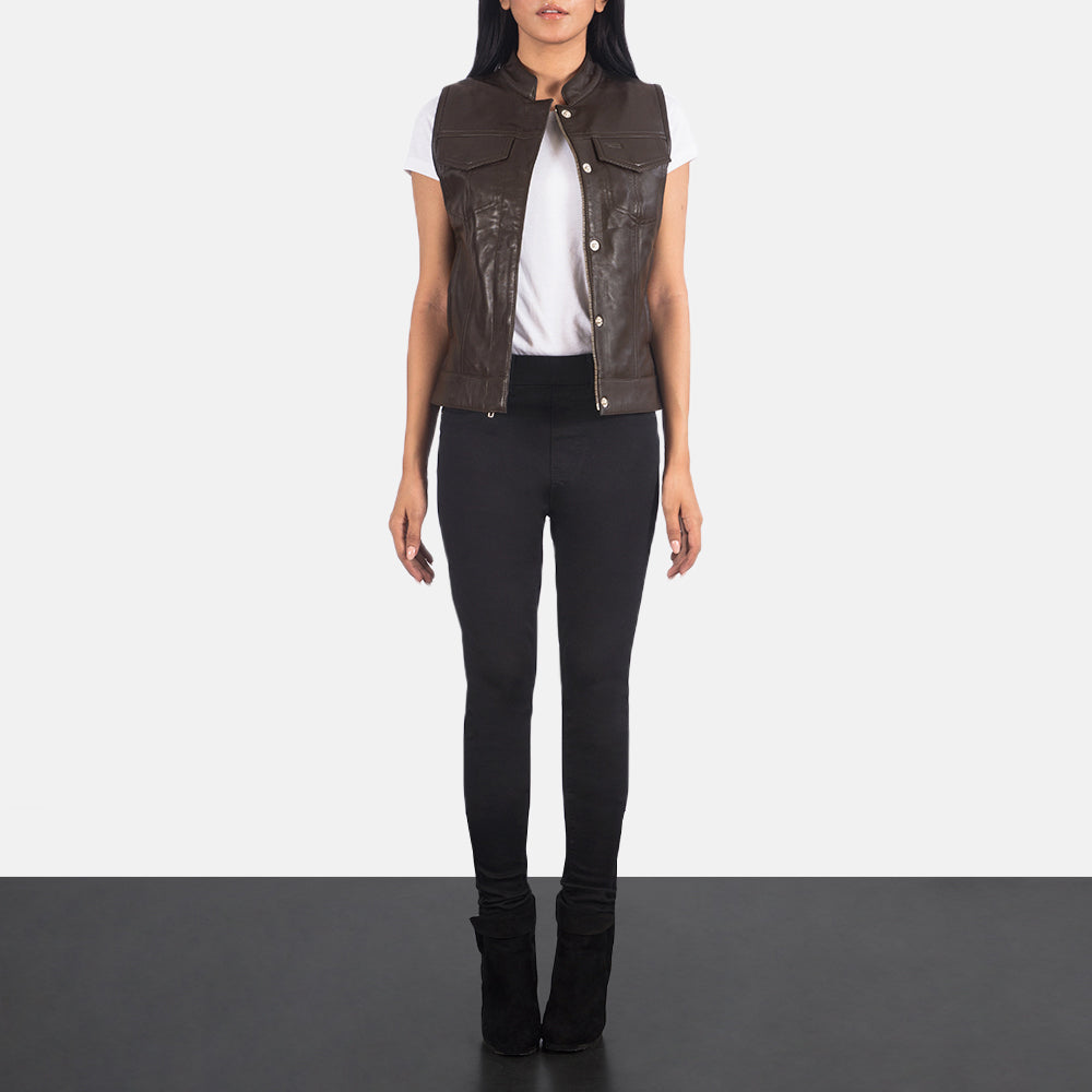 
Rayne Moto Brown Leather Vest - Lateral Side Profile View Showing Sleeve Cut & Athletic Taper Fit