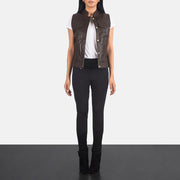 
Rayne Moto Brown Leather Vest - Lateral Side Profile View Showing Sleeve Cut & Athletic Taper Fit