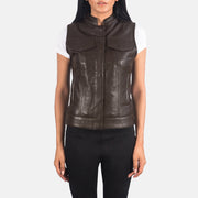 
Close-Up Detail of Band & Zipper with Button Flap Hardware on Rayne Moto Brown Leather Vest