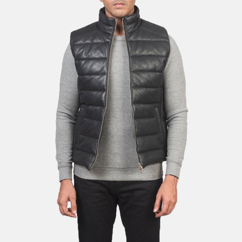Reeves Svart Leather Puffer Vest for Herre