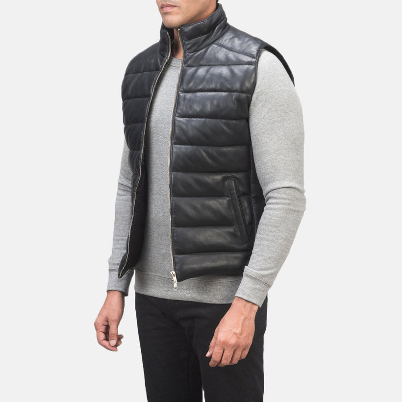 Reeves Svart Leather Puffer Vest for Herre