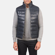 
Reeves Blue Leather Puffer Vest in Blue Sheepskin Leather - Front Profile View & Tailored Silhouette | Buy Online