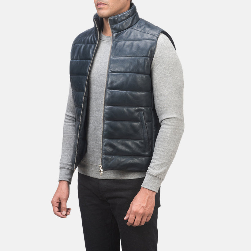 Reeves Blue Leather Puffer Vest for Herre