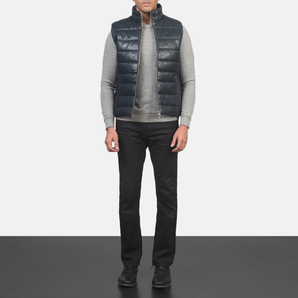 
Reeves Blue Leather Puffer Vest - Lateral Side Profile View Showing Sleeve Cut & Athletic Taper Fit