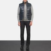 
Reeves Blue Leather Puffer Vest - Lateral Side Profile View Showing Sleeve Cut & Athletic Taper Fit