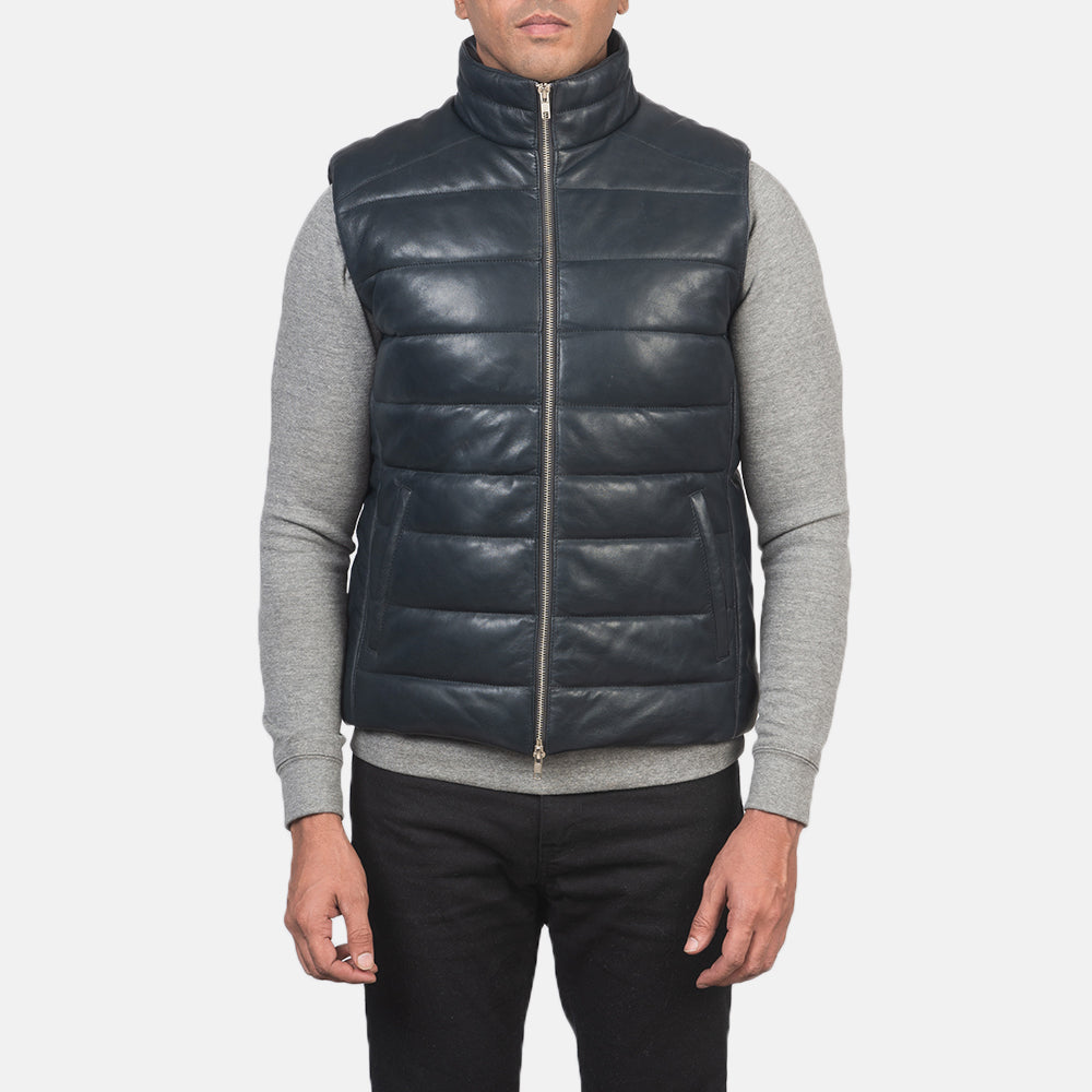 
Close-Up Detail of Classic Collar & Zipper with Dual Puller Hardware on Reeves Blue Leather Puffer Vest
