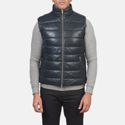 
Close-Up Detail of Classic Collar & Zipper with Dual Puller Hardware on Reeves Blue Leather Puffer Vest