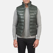 
Reeves Green Leather Puffer Vest in Green Sheepskin Leather - Front Profile View & Tailored Silhouette | Buy Online