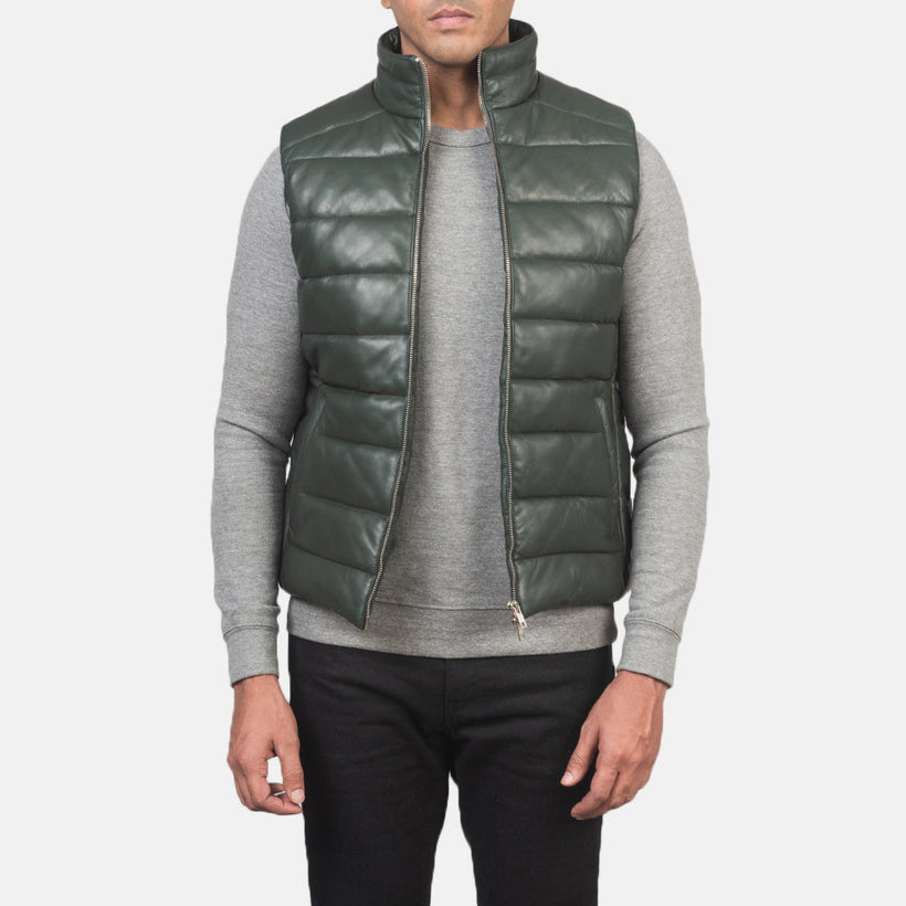Reeves Green Leather Puffer Vest for Herre