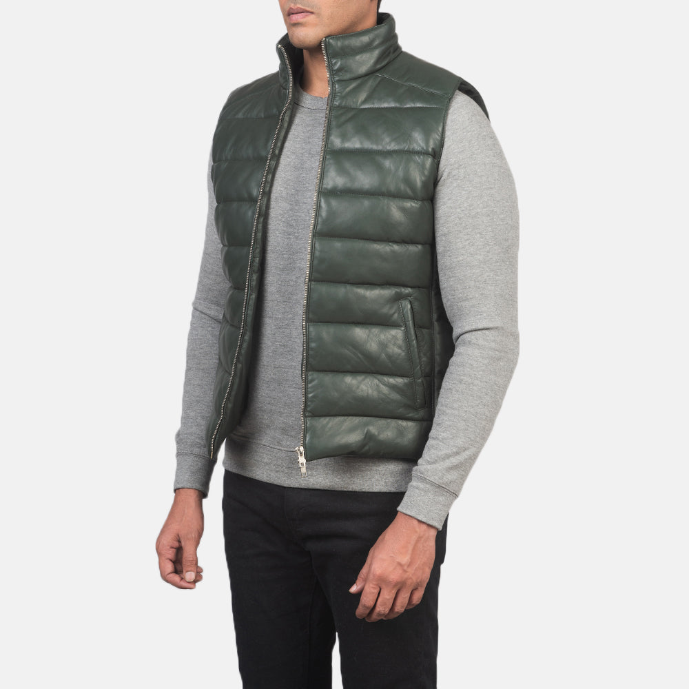 
Green Sheepskin leather Vest - Back View Showing Tailored Shoulder Fit & Clean Hemline