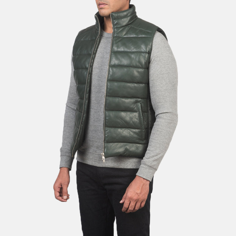 Reeves Green Leather Puffer Vest for Herre