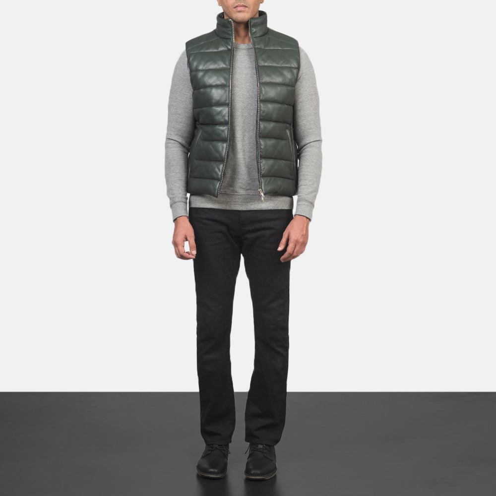 
Reeves Green Leather Puffer Vest - Lateral Side Profile View Showing Sleeve Cut & Athletic Taper Fit