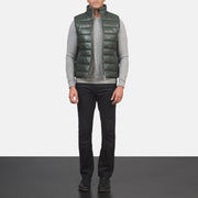 
Reeves Green Leather Puffer Vest - Lateral Side Profile View Showing Sleeve Cut & Athletic Taper Fit